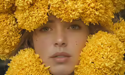 the head and hands of a woman covered with yellow flowers