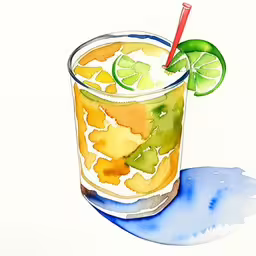 a picture of a drink with a lemon slice and a straw,this is an artist
