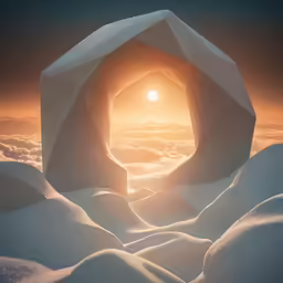 a large ice arch in the middle of a sea of snow at sunset