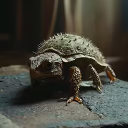 the lizard is sitting on the rock outside