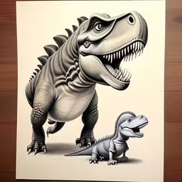 an art work of two dinosaur on display,there is a poster of a t - rexe and a tyranptmus on a wood surface