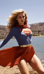 a girl in a superman costume is on the beach