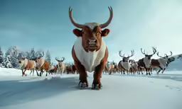 a large bull standing on top of a snow covered field