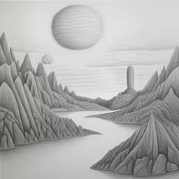 a drawing of some mountains with a body of water in front,an artistic drawing of mountains and a river,a pencil drawing with some mountains and water,a drawing shows an island surrounded by mountains,a drawing with mountains and desert scene