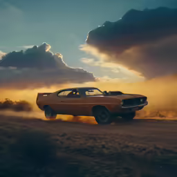 a car driving in a dusty road under a cloud