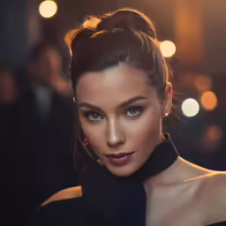 a woman wearing black with her hair pulled into a bun