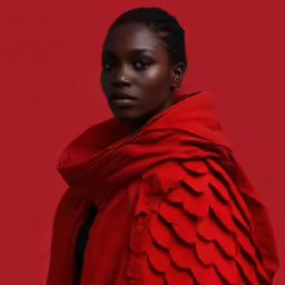 a woman wearing a red shawl standing in front of a red wall