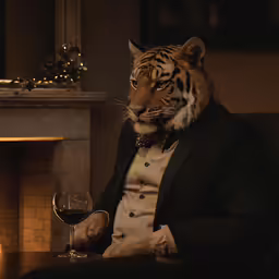 the tiger is sitting in the chair drinking wine
