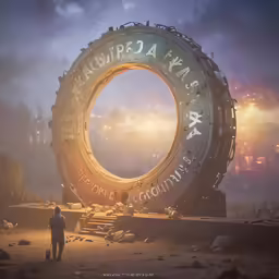 man standing in front of giant round sign in an abandoned industrial setting