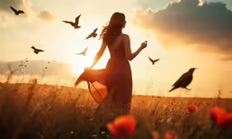 a woman standing in a field with birds flying overhead
