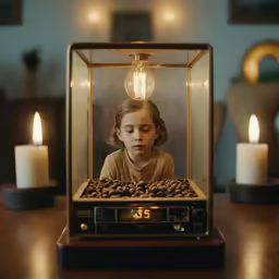 young girl sitting at table with light bulb in jar and photo of lite up coffee beans
