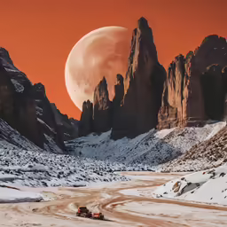 a large full moon in the sky above snow covered mountains