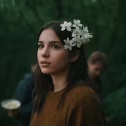 a woman with a white flower in her hair