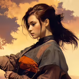 a painting of a young girl with wind blown hair