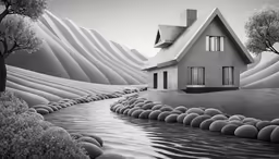 a house is by a river with many trees