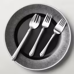a black and white plate with forks and spoons