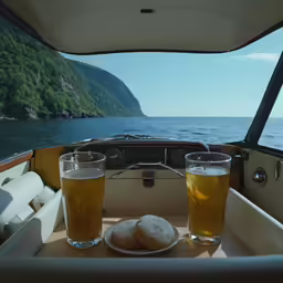there are two beers and some cookies in the center of the boat