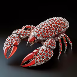 a metal crab sculpture with many red diamonds and pearls