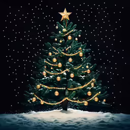 a lighted christmas tree on top of snow covered ground