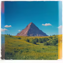 a colorful photo of a mountain and green field