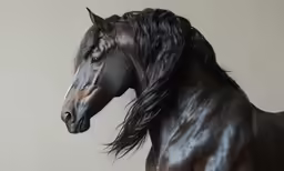 a black horse with long, maned hair stands in front of a white background