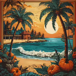 a sunset scene with two palm trees and a house on the shore,an orange sunset and some palm trees by a body of water