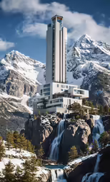 the very tall tower building is in front of the waterfall
