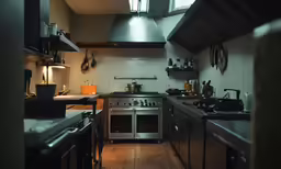 the kitchen counter is dimly lit from the light from the windows