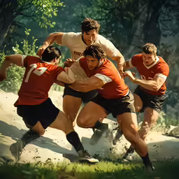 the group of people are playing soccer together