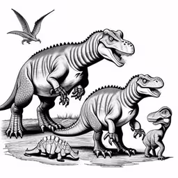 two dinosaurs and a baby t - rex on a field,dinosaurs are depicted in a black and white version
