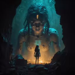 the girl is looking into a dark cave