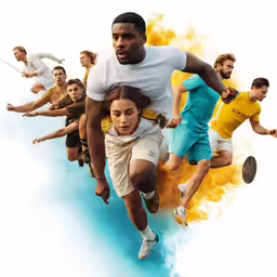 a man in white shirt and shorts running with athletes in yellow and orange color