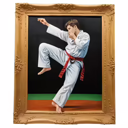 a painting of a boy doing karate