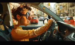 a man driving in a car on the street