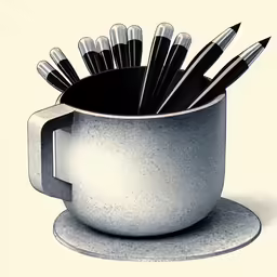 an open coffee cup filled with markers and pens