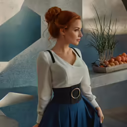 a woman with red hair is dressed in a white and black dress