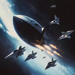 a space shuttle with several jets flying in formation
