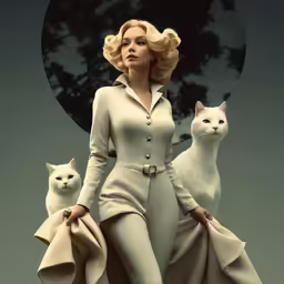 an elegantly dressed woman and two cats are depicted