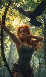 a young lady with a large bird on her shoulder