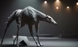 a white animal that is in front of some lights