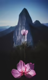 a purple flower stands in front of a mountain
