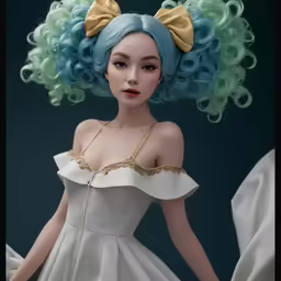 a close - up shot of a mannequin with big blue hair and gold bows