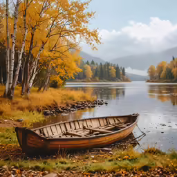a row boat on a lake in the fall