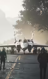 a jet airplane taking off from a runway with people standing nearby