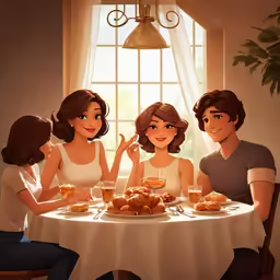 a family sits at a dinner table with their breakfast