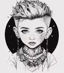 a drawing of a child with short hair and a shaved face,a girl with a mohawk wearing a neck tie