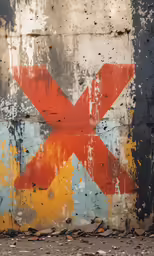 an orange painted cross is on the side of a building