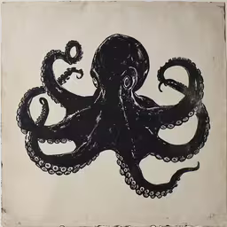 an octopus print on paper hangs in a white background,a black and white painting on a white wall