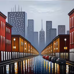 a painting of a large city with red buildings and cars,an image of a city at night with a painting on the wall,a painting of buildings on a street and car parked in a line,a painting of city street lights and some red buildings,a painting with a street scene, buildings and lampposts