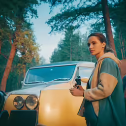 a woman in a green coat standing next to a brown car